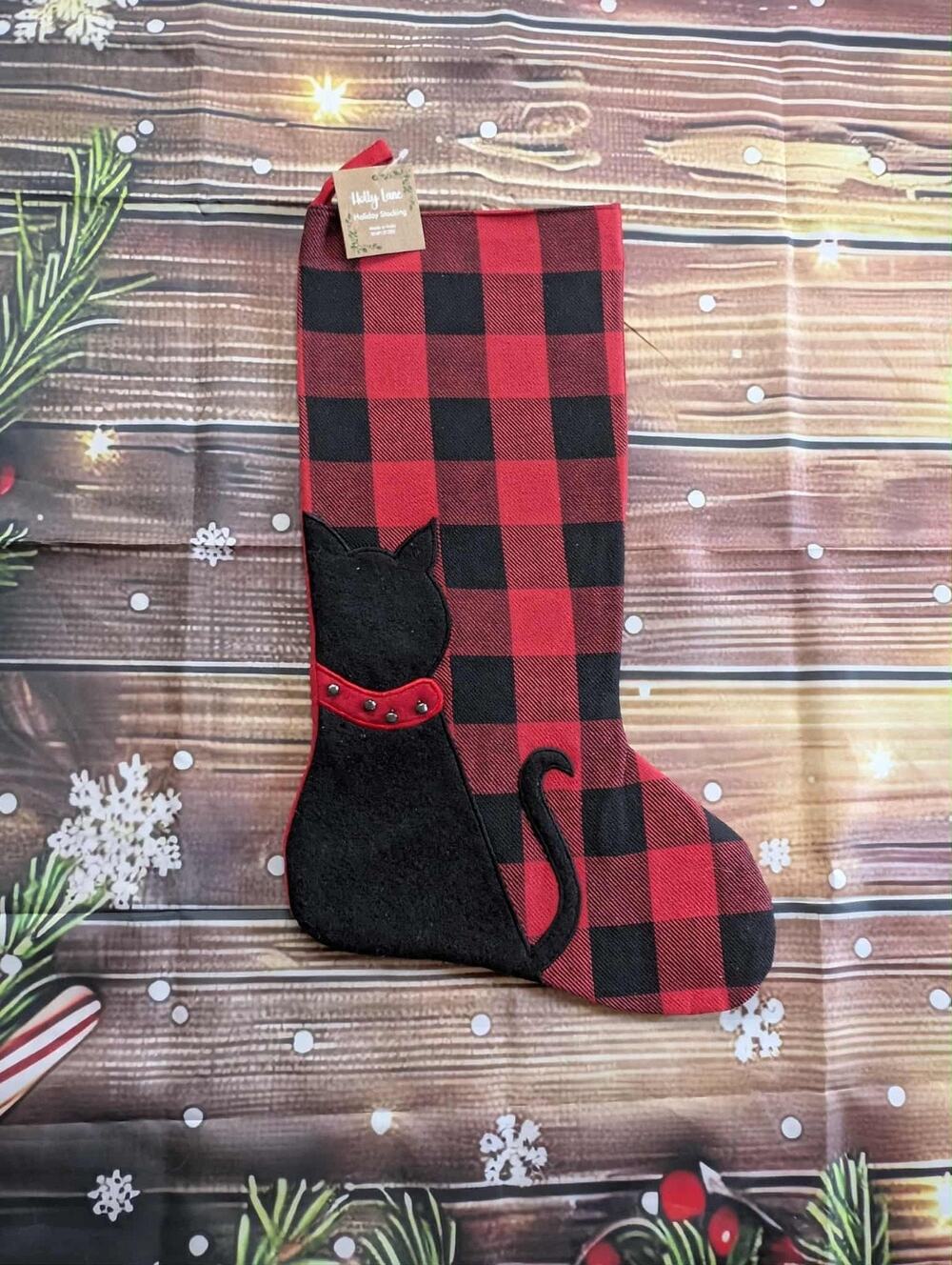 NEW Red Black Buffalo Plaid Cat Christmas Stocking With Bells Holiday
